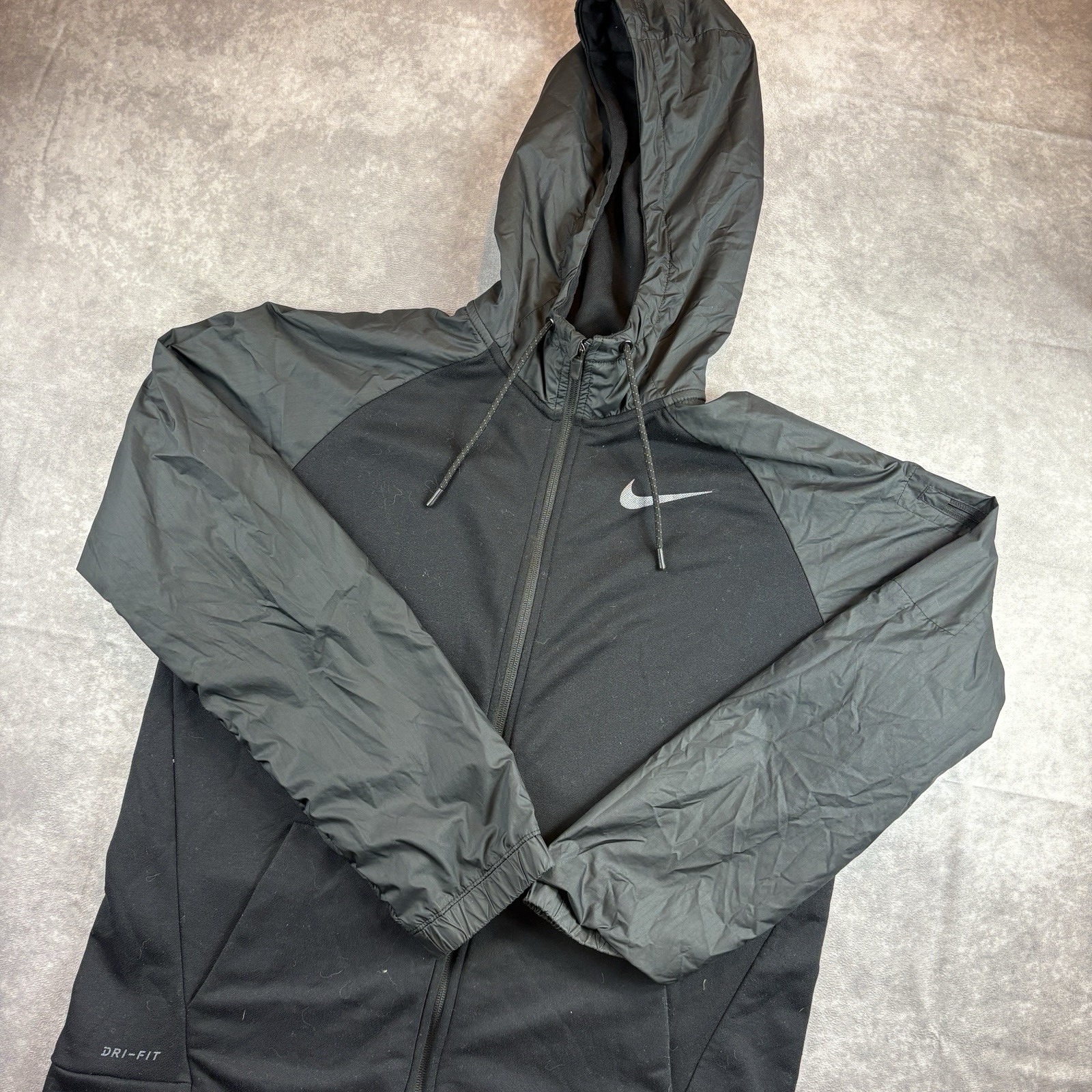 Nike Jacket Mens M Black Grey Dri Fit Running Full Zip Hooded Drawstring Workout